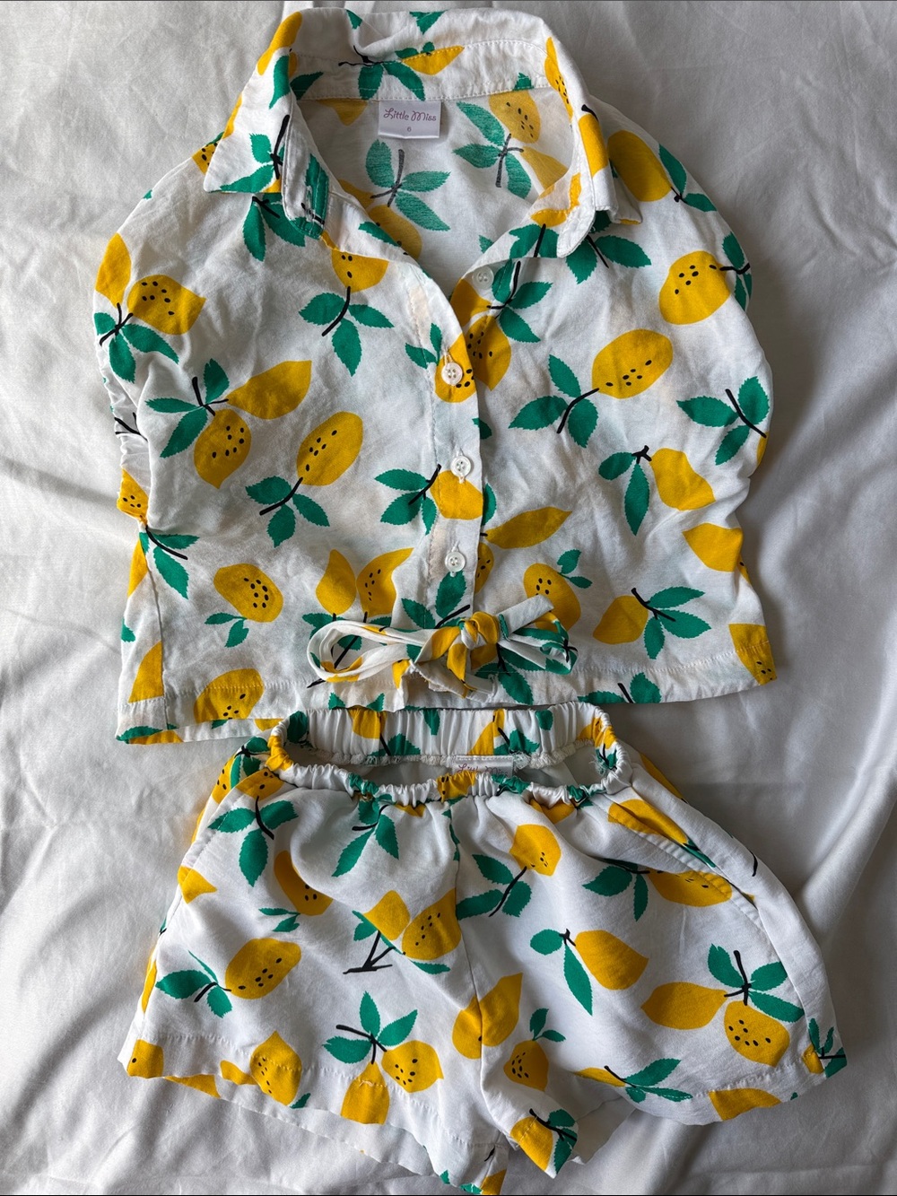 Little Miss White Yellow Green Lemon Print Kids Matching Set